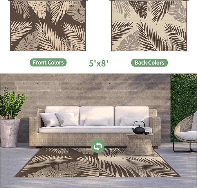 GENIMO Outdoor Rug 5' x 8' Waterproof for Patios Clearance, Reversible Outdoor Plastic Straw Camping Rug Carpet, Large Area Rugs Mats for RV, Camper, Deck, Balcony, Porch, Beach, Picnic, Coffee&Beige-HomvellaHome