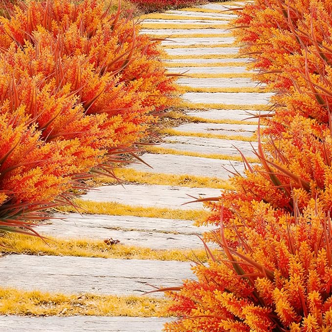 Geegoods 24 Bundles Artificial Fall Flowers Outdoor – Faux Lavender Flowers with Monkey Grass UV Resistant Plastic Faux Plants for Garden Porch Patio Home Decor, Autumn-red Color-HomvellaHome