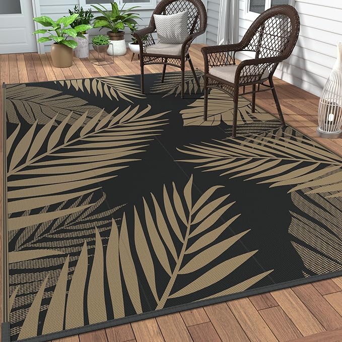 GENIMO Outdoor Rug 8' x 10' Waterproof for Patios Clearance, Reversible Outdoor Plastic Straw Camping Rug Carpet, Large Area Rugs Mats for RV, Camper, Deck, Balcony, Porch, Beach, Picnic, Black&Brown-HomvellaHome