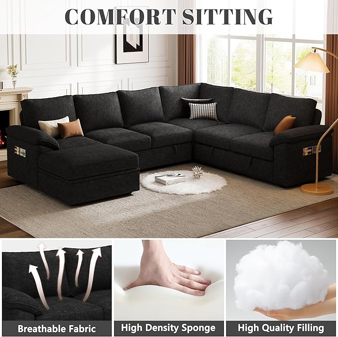 108 Inch Modular Sectional Sofa with Pull Out Bed,U Shaped 7 Seat Sectional Sleeper Sofa with Storage,Sectional Couches for Living Room,Cloud Modular Couch,Removable Sofa Cover,Black-HomvellaHome