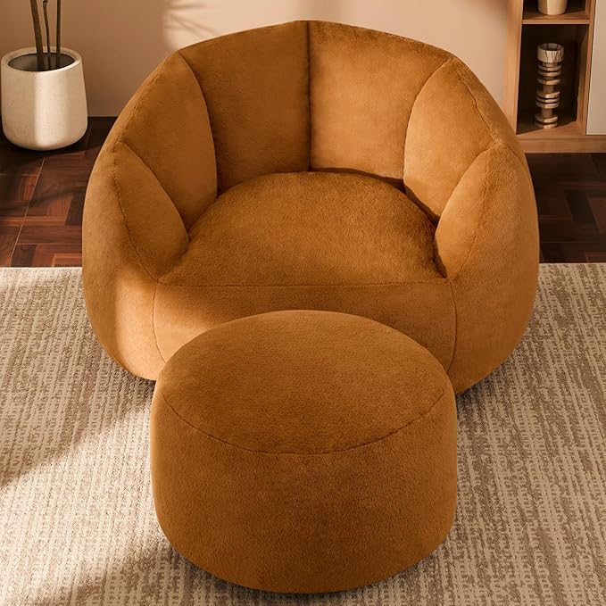 Giant Bean Bag Chaise Lounge Indoor Chair for Adults - Comfy Plush Round Shell Soft Accent Chair, Oversized Cozy Floor Sofa for Living Room, Bedroom & Game Rooms, Orange-HomvellaHome