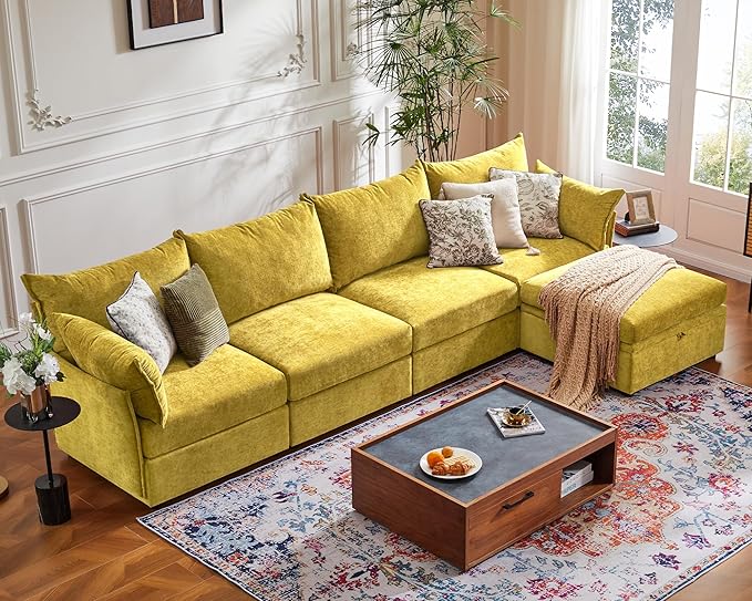 134.6" Luxury Modular Sectional Convertible Sofa with Storage Ottoman, L-Shape 5-Seat Oversized Comfy Couch Deep Seat with Reversible Chaise - Chenille Yellow-HomvellaHome