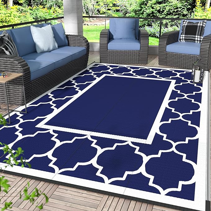 GENIMO 6' x 9' Outdoor Rug Waterproof for Patio Fall Decor, Foldable Reversible Plastic Straw Area Rugs Mat for Camper, Outside Carpet for Rv, Deck, Porch, Picnic, Beach, Balcony, Blue & Grey-HomvellaHome