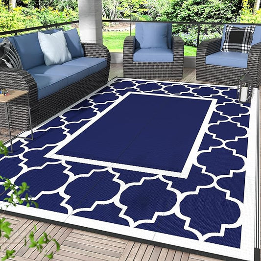 GENIMO 6' x 9' Outdoor Rug Waterproof for Patio Fall Decor, Foldable Reversible Plastic Straw Area Rugs Mat for Camper, Outside Carpet for Rv, Deck, Porch, Picnic, Beach, Balcony, Blue & Grey-HomvellaHome