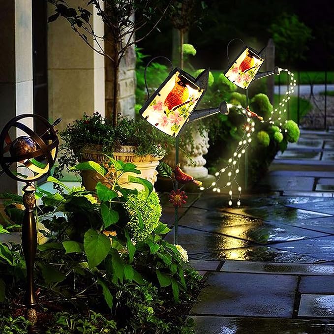 Garden Solar Lights Outdoor, Metal Watering Can Garden Stake Lights Cardinal Bird Decor Glass Art for Walkway, Pathway, Yard, Lawn-HomvellaHome