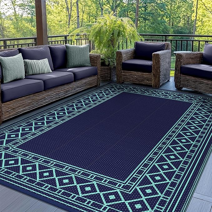 GENIMO Outdoor Rug Waterproof 5'x8' for Patio, Foldable Reversible Plastic Straw Carpet for Travel Trailers, Outside Area Mat for Rv, Deck, Picnic, Porch, Balcony, Beach, Navy Blue & Jade Green-HomvellaHome