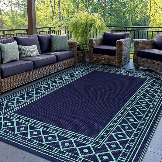 GENIMO Outdoor Rug Waterproof 5'x8' for Patio, Foldable Reversible Plastic Straw Carpet for Travel Trailers, Outside Area Mat for Rv, Deck, Picnic, Porch, Balcony, Beach, Navy Blue & Jade Green-HomvellaHome