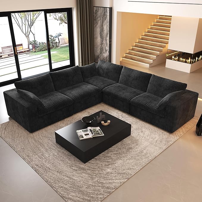 118" V Shaped Corner Modern Sofa Modular Sectional Cloud Couch,Deep Seat Upholstered Couches with Plush Corduroy Fabric for Living Room Furniture,Bedroom and Apartment,No Assembly Required,Black-HomvellaHome