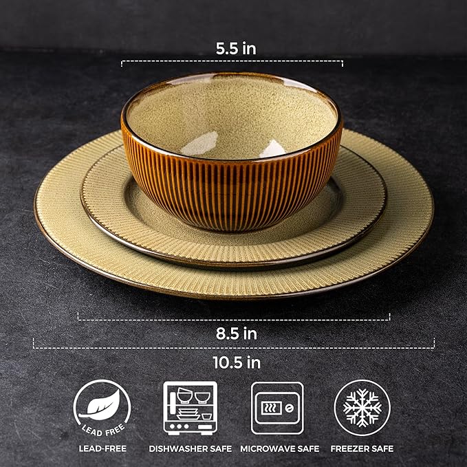 GBHOME Ceramic Dinnerware Sets,12 pcs Embossed Elegant Stoneware Plates and Bowls Sets, Housewarming Wedding Gift | Dishwasher & Microwave Safe | Dishes Set Service for 4-HomvellaHome