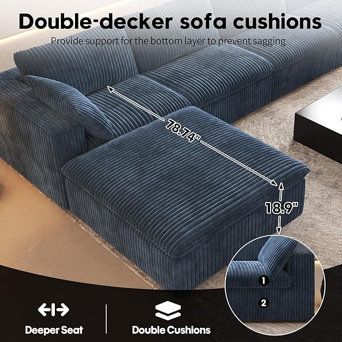 157.5" L Shaped Modern Sofa Modular Sectional Cloud Couch with Ottoman,Deep Seat Upholstered Couches with Corduroy Fabric for Living Room Furniture,Bedroom and Apartment,No Assembly Required,Blue-HomvellaHome