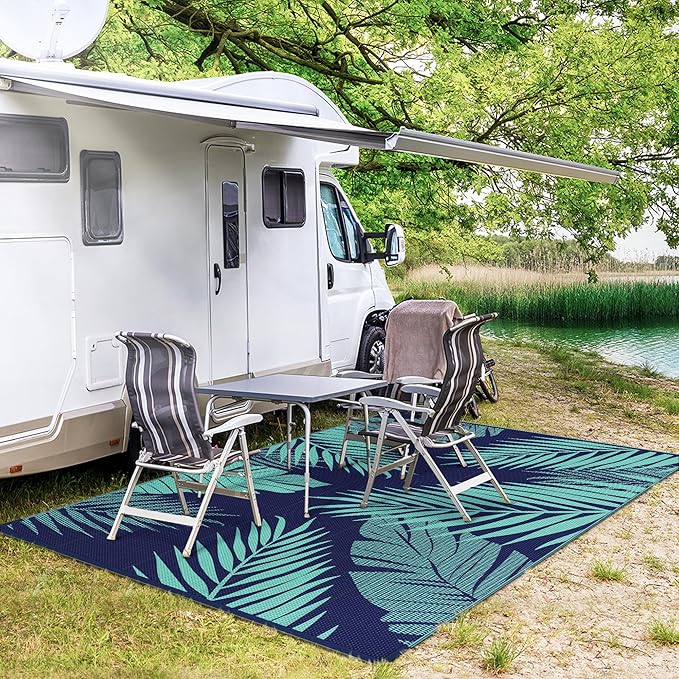 GENIMO Outdoor Rug 6' x 9' Waterproof for Patios Clearance, Reversible Outdoor Plastic Straw Camping Rug Carpet, Large Area Rugs Mats for RV, Camper, Deck, Balcony, Porch, Beach, Navy Blue&Jade Green-HomvellaHome