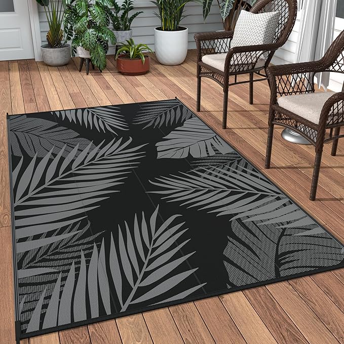 GENIMO Outdoor Rug 3' x 5' Waterproof for Patios Clearance, Reversible Outdoor Plastic Straw Camping Rug Carpet, Large Area Rugs Mats for RV, Camper, Deck, Balcony, Porch, Beach, Picnic, Black&Grey-HomvellaHome