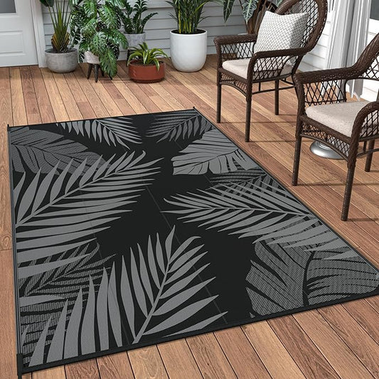 GENIMO Outdoor Rug 3' x 5' Waterproof for Patios Clearance, Reversible Outdoor Plastic Straw Camping Rug Carpet, Large Area Rugs Mats for RV, Camper, Deck, Balcony, Porch, Beach, Picnic, Black&Grey-HomvellaHome