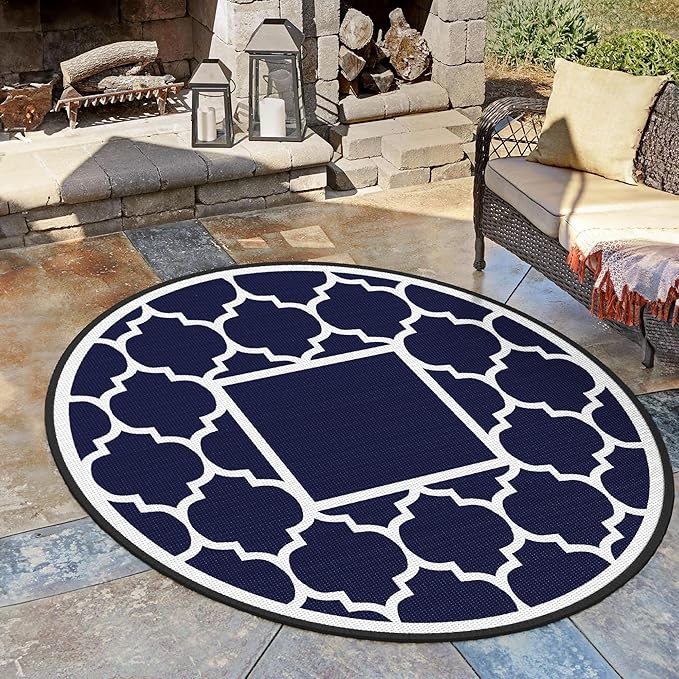 GENIMO 8' Round Outdoor Rug Waterproof for Patio Decor, Foldable Reversible Plastic Straw Area Rugs Mat for Rv, Outside Carpet for Camper, Deck, Picnic, Beach, Balcony, Camper, Blue & White-HomvellaHome