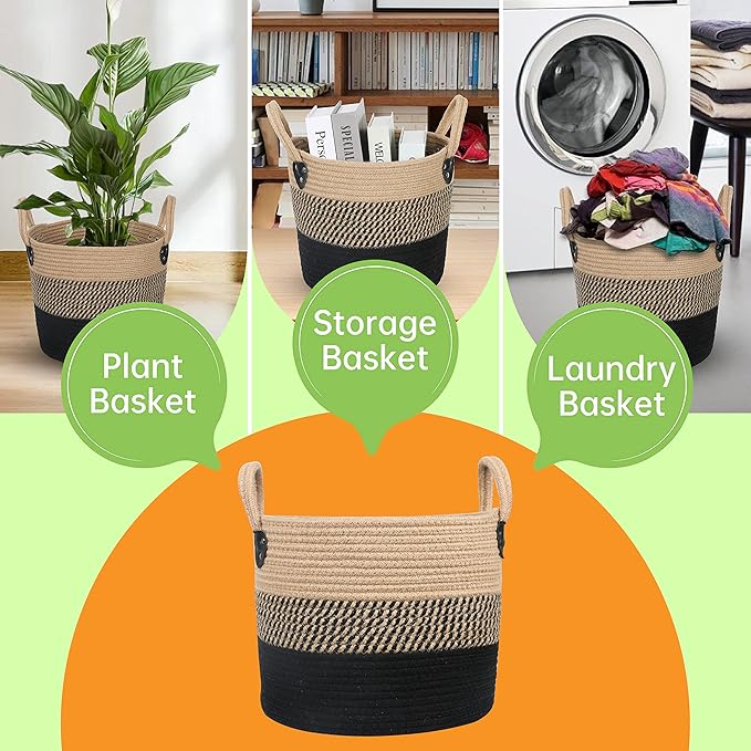 14"x12" Natural Jute Rope Woven Storage Basket with Handles for Plant, Blankets,Toys - Living Room Home Decor,Multifunctional Basket for Organizer,Picnic,Artificial Tree Black and Beige-HomvellaHome