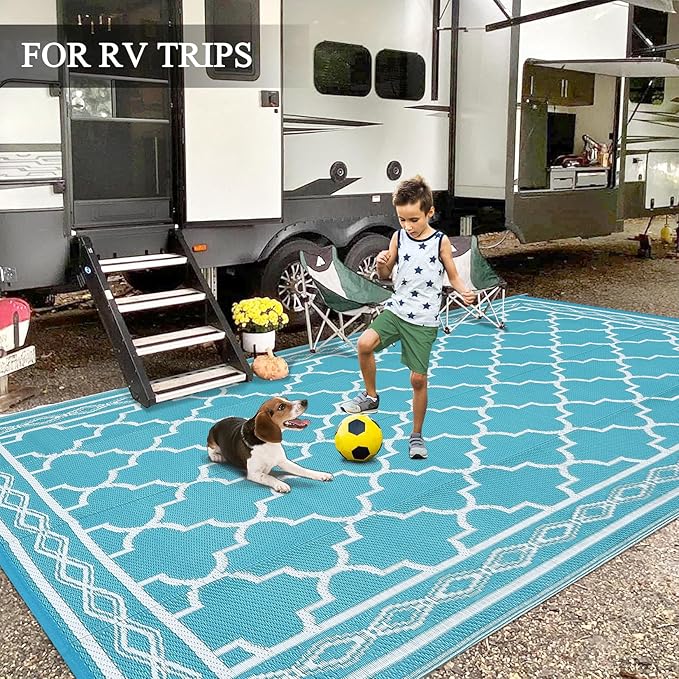 GAOMON Outdoor Plastic Straw Rug, 10'x14' Reversible Sage Green Patio Mat, Flower Modern Design for RV, Backyard, Deck, Camping, Picnic, Teal/White(Geometric)-HomvellaHome