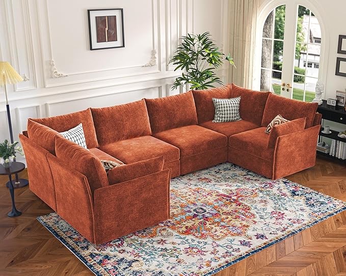 136.4" Oversized Modular Sectional Sofa, U Shaped Convertible Couch with Movable Ottoman, Large 7 Seat Corner Couches for Living Room Deep Seat Terracotta Orange Chenille-HomvellaHome