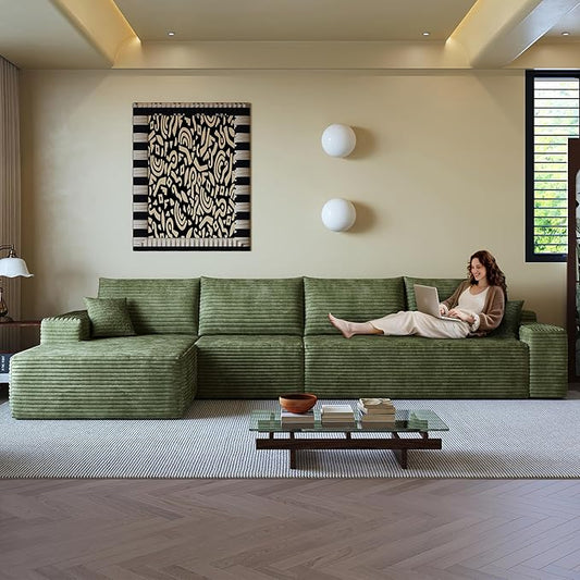 108" Sectional Couches for Living Room Modern Modular Sofa with L-Shape Couchs Upholstered Boneless Couch Deep Seat Sectional Couch with Chaise (Green, Left Facing Chaise+3Seaters)-HomvellaHome