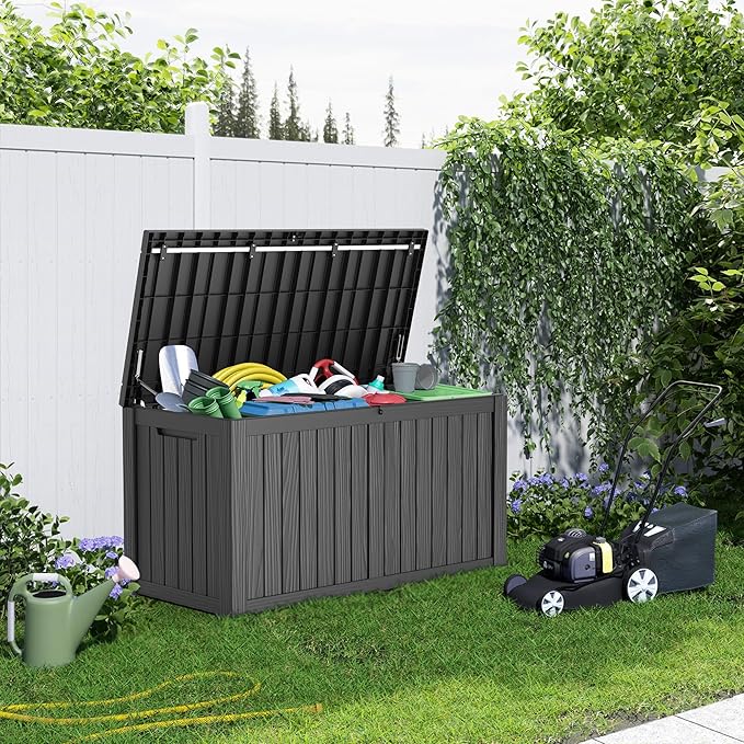 150 Gallon Deck Box,Resin Outdoor Storage Box with Lockable for Patio Furniture, Pool Accessories, Garden Tools Waterproof Outside Storage Box, Black-HomvellaHome