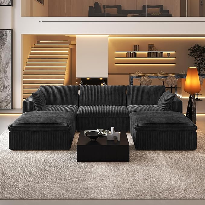 118" U Shaped Modern Sofa Modular Sectional Cloud Couch with 2 Ottoman,Upholstered Couches with Plush Corduroy Fabric for Living Room Furniture,Bedroom and Apartment,No Assembly Required,Black-HomvellaHome