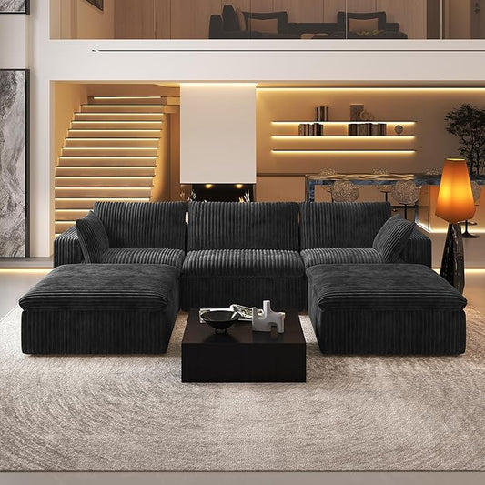 118" U Shaped Modern Sofa Modular Sectional Cloud Couch with 2 Ottoman,Upholstered Couches with Plush Corduroy Fabric for Living Room Furniture,Bedroom and Apartment,No Assembly Required,Black-HomvellaHome