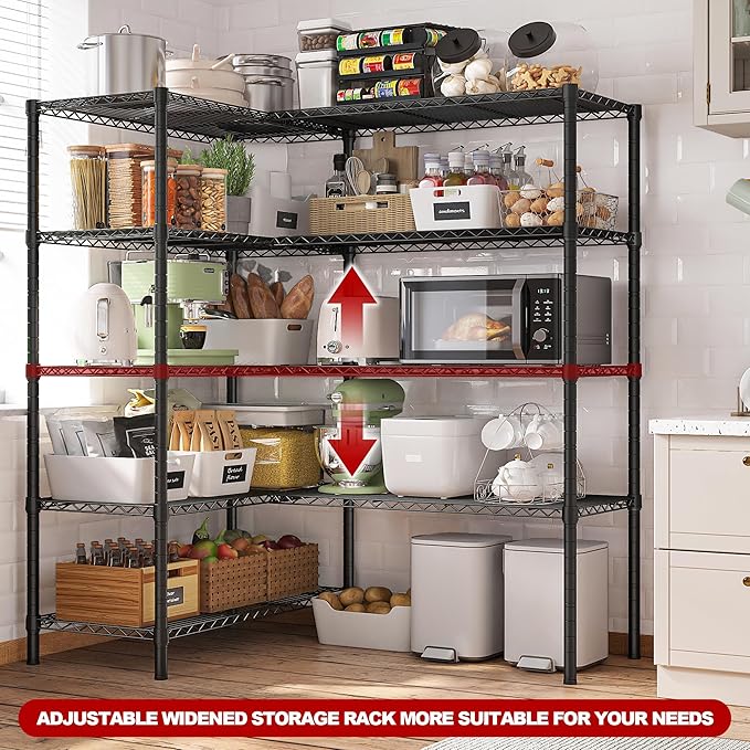 REIBII 5 Tier Wire Shelving Storage Shelves Loads 1430LBS, 58" W Metal Shelving for Storage Adjustable Shelving Unit Heavy Duty Garage Shelves Pantry Shelves Kitchen, Black-HomvellaHome