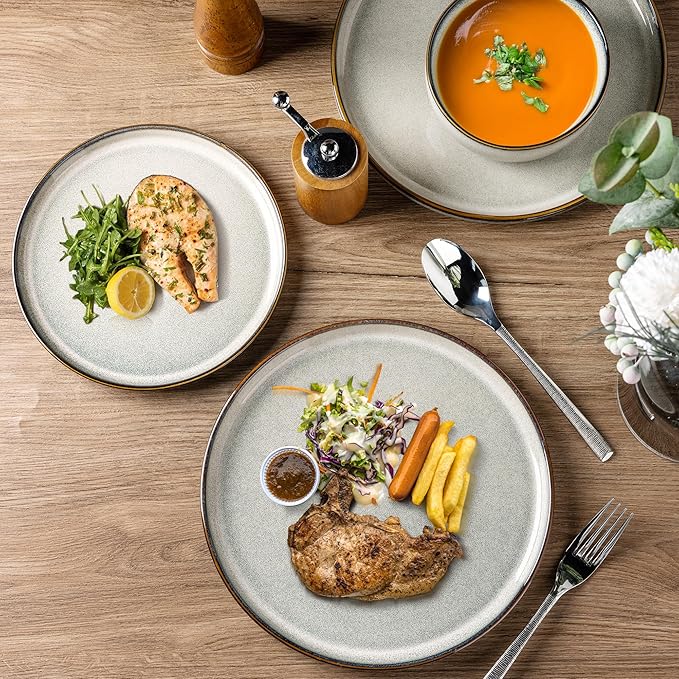 GBHOME Ceramic Dinnerware Sets for 6, 18 Pieces Stoneware Plates and Bowls Sets, Reactive Glaze Dishes -Scratch Resistant, Dishwasher&Microwave Safe, Green Wheat-HomvellaHome