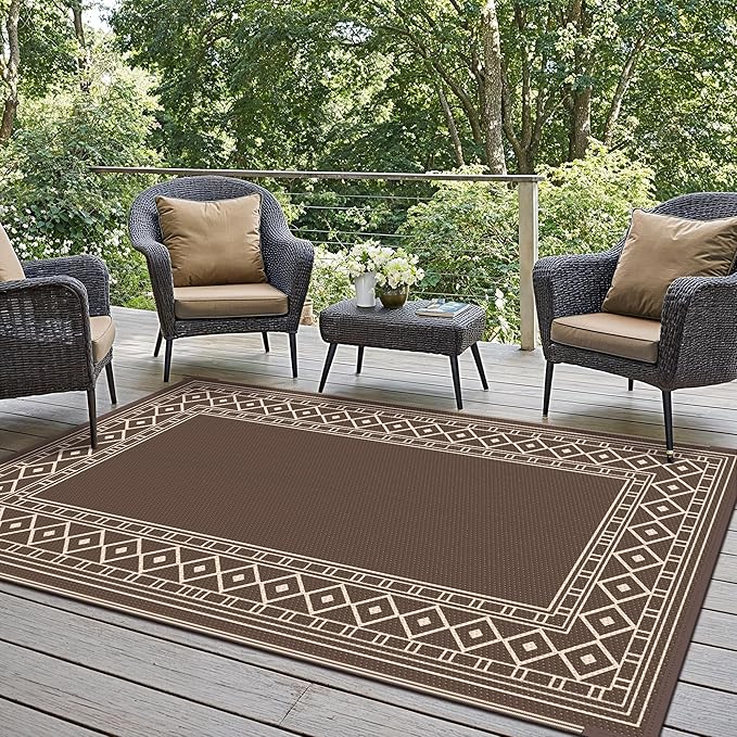 GENIMO Outdoor Rug Waterproof for Patio Decor, 3'x5' Foldable Reversible Plastic Straw Carpet for Porch, Outside Area Mat for Entryway, Rv, Deck, Picnic, Camper, Balcony, Beach, Coffee & Beige-HomvellaHome