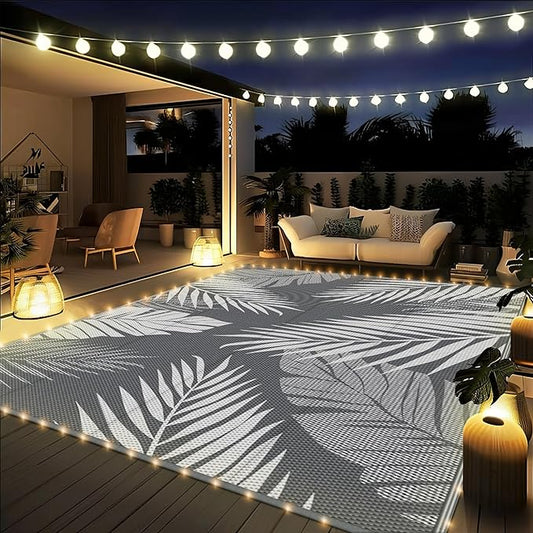GENIMO Outdoor Rug 8' x 10' Waterproof for Patios Clearance, Reversible Outdoor Plastic Straw Camping Rug Carpet with LED String Light, Area Rugs Mats for RV, Camper, Deck, Balcony, Porch, Grey&White-HomvellaHome