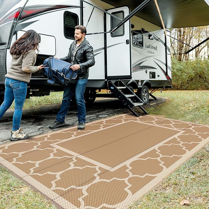 GENIMO 6' x 9' Outdoor Rug Waterproof for Patio Decor, Foldable Reversible Plastic Straw Area Rugs Mat for Camper, Outside Carpet for Rv, Deck, Porch, Picnic, Beach, Balcony, Brown & Beige-HomvellaHome