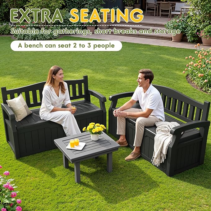 Greesum 80 Gallon Storage Bench Outdoor Deck Box with Armrest, Patio Furniture,Lockable, Waterproof and UV Resistant, Suitable for Garden, Pool, Black-HomvellaHome