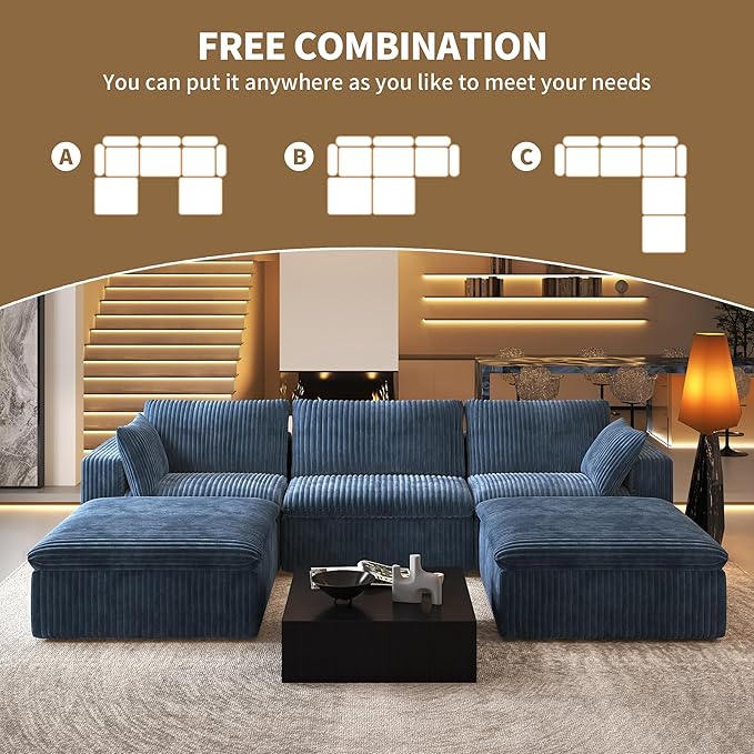 118" U Shaped Modern Sofa Modular Sectional Cloud Couch with 2 Ottoman,Upholstered Couches with Plush Corduroy Fabric for Living Room Furniture,Bedroom and Apartment,No Assembly Required,Blue-HomvellaHome