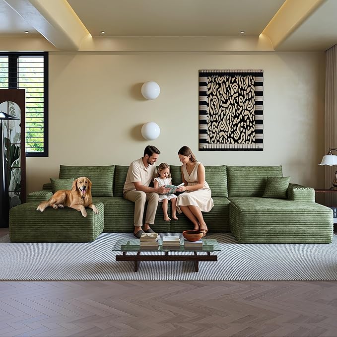 108" Sectional Couches for Living Room Modern Modular Sofa with L-Shape Couchs Upholstered Boneless Couch Deep Seat Sectional Couch with Chaise (Green, Right Facing Chaise+3Seaters+Ottoman)-HomvellaHome
