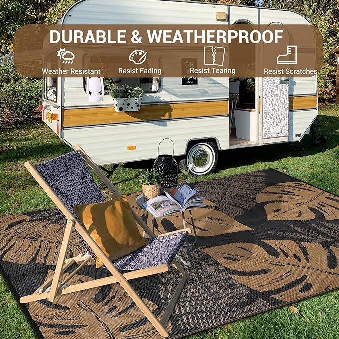GAOMON Outdoor Patio Rug 9x18 Waterproof Outdoor Plastic Straw Rug Reversible Camping Mat, Foldable Portable RV Picnic Carpet with Bag & 4 Stakes, UV Resistant Outside Carpet for Deck Balcony, Brown-HomvellaHome