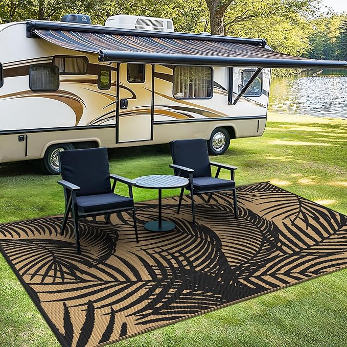 GENIMO Outdoor Rug 5' x 8' Waterproof for Patio Clearance, Reversible Plastic Straw Camping Carpet, Lightweight Mats for Rv, Backyard, Deck, Porch, Picnic, Beach, Balcony, Black & Brown-HomvellaHome