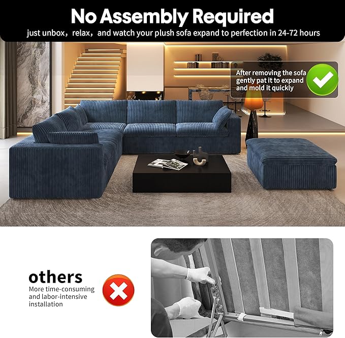 118" 6-Seater Cloud Sofa,Modular Sectional Couch with Ottoman,Modern Deep Seat Upholstered Couches with Plush Corduroy Fabric for Living Room Furniture,Bedroom and Apartment,No Assembly Required,Blue-HomvellaHome