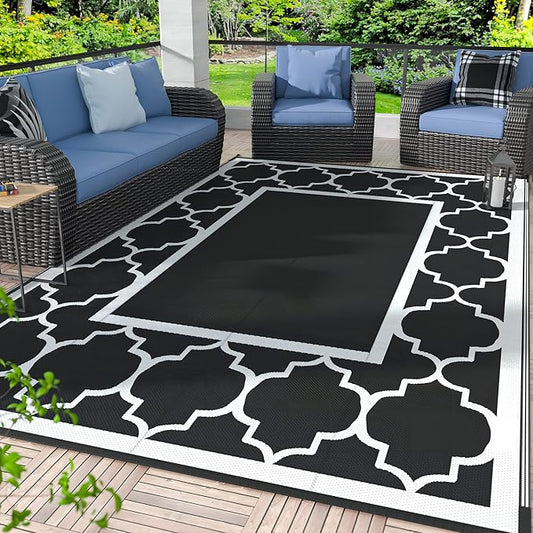 GENIMO 6' x 9' Outdoor Rug Waterproof for Patio Decor, Foldable Reversible Plastic Straw Area Rugs Mat for Camper, Morden Carpet for Outside, Rv, Deck, Porch, Picnic, Beach, Balcony, Black & White-HomvellaHome