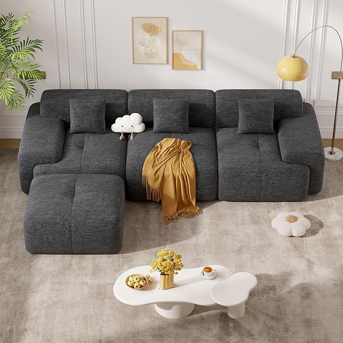 122" Modern L Shaped Modular Sectional Sofa, Boneless Couches for Living Room with Ottoman,4 Seater Convertible Chenille Cloud Couch Sofa Set, No Assembly Required, Grey-Black 1 PCS-HomvellaHome