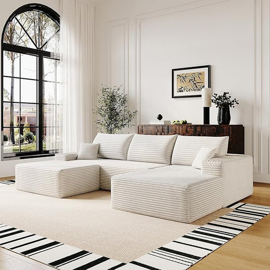 108" Sectional Couches for Living Room Modern Modular Sofa with L-Shape Couchs Upholstered Boneless Couch Deep Seat Sectional Couch with Chaise (White, Right Facing Chaise+2Seaters+1Ottoman)-HomvellaHome