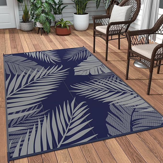 GENIMO Outdoor Rug 3' x 5' Waterproof for Patios Clearance, Reversible Outdoor Plastic Straw Camping Rug Carpet, Large Area Rugs Mats for RV, Camper, Deck, Balcony, Porch, Beach, Picnic Navy Blue&Grey-HomvellaHome