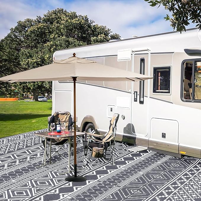 GAOMON Reversible Outdoor Rug 9'x18' Waterproof Plastic Straw Rug, Patio Rug, Large Modern Area Rug Carpet, Indoor Outdoor Rugs for Camping, Porch, Deck, Balcony, Backyard, Grey/White(Bohemia)-HomvellaHome