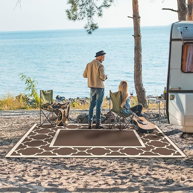 GENIMO 6' x 9' Outdoor Rug Waterproof for Patio Decor, Foldable Reversible Plastic Straw Area Rugs Mat for Camper, Outside Carpet for Rv, Deck, Porch, Picnic, Beach, Balcony, Coffee & Beige-HomvellaHome