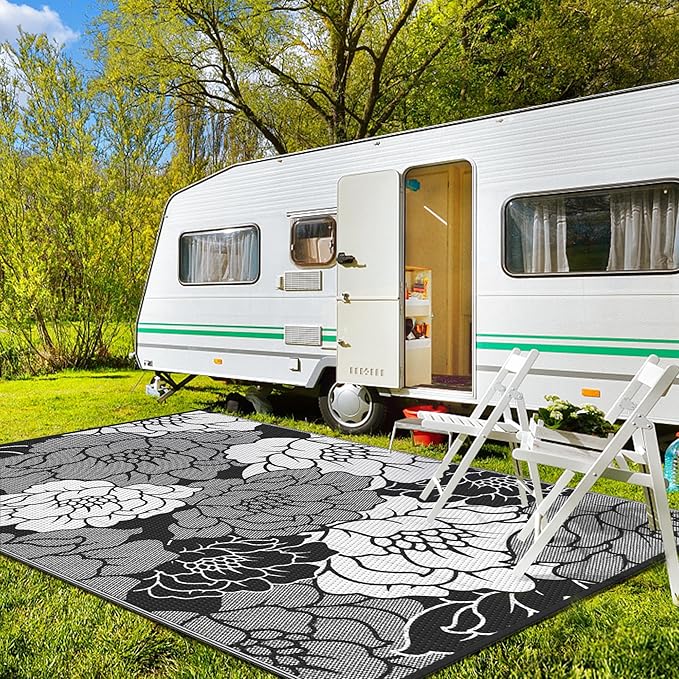 GENIMO Outdoor Rug Waterproof for Patio Decor, 8' x 10' Reversible Plastic Straw Floral Camping Carpet, Large Area Rugs Mats for RV, Camper, Deck, Balcony, Porch, Beach, Picnic, Mix-Black & White-HomvellaHome