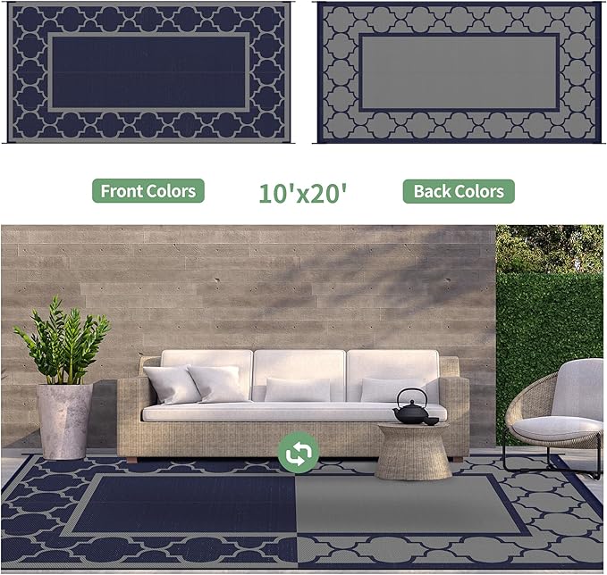 GENIMO 10 'x20 ' Outdoor Rug for Patio Clearance, Waterproof Indoor Outdoor Plastic Straw Rugs Carpet, Reversible Outside Area Rv Mat for Camping, Balcony Porch, Deck, Picnic, Beach (Blue & Grey)-HomvellaHome