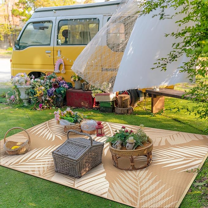 GENIMO Outdoor Rug 8' x 10' Waterproof for Patios Clearance, Reversible Outdoor Plastic Straw Camping Rug Carpet, Large Area Rugs Mats for RV, Camper, Deck, Balcony, Porch, Beach, Picnic, Brown&Beige-HomvellaHome