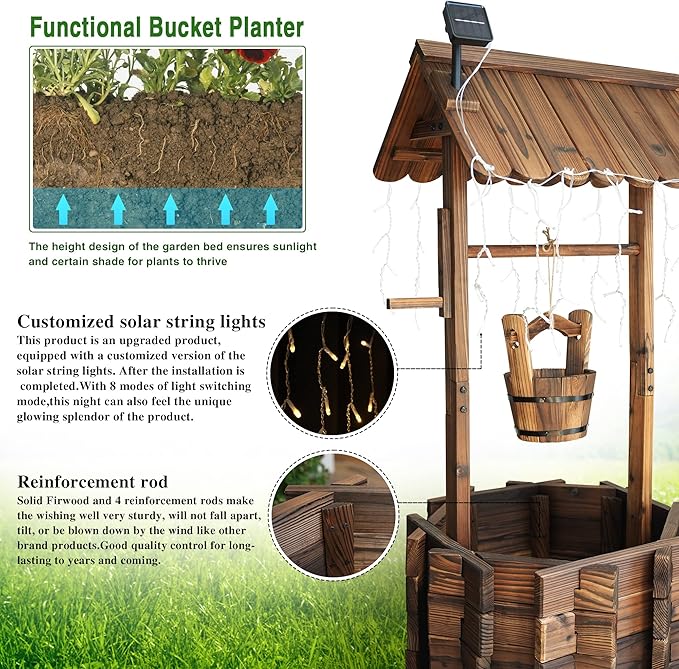 Garden Wooden Decor Rustic Wishing Well with Light Planter Outdoor Home Décor for Patio, Upgrade Wishing Well Garden, Yard Hanging Bucket Patio Lawn Backyard Home Decor-HomvellaHome