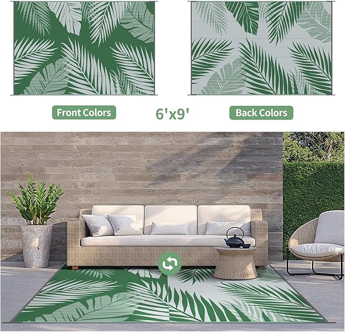 GENIMO Outdoor Rug 6' x 9' Waterproof for Patios Clearance, Reversible Plastic Straw Camping Carpet, Large Area Rugs Mats for RV, Picnic, Backyard, Deck, Balcony, Porch, Beach, Green&Grey-HomvellaHome
