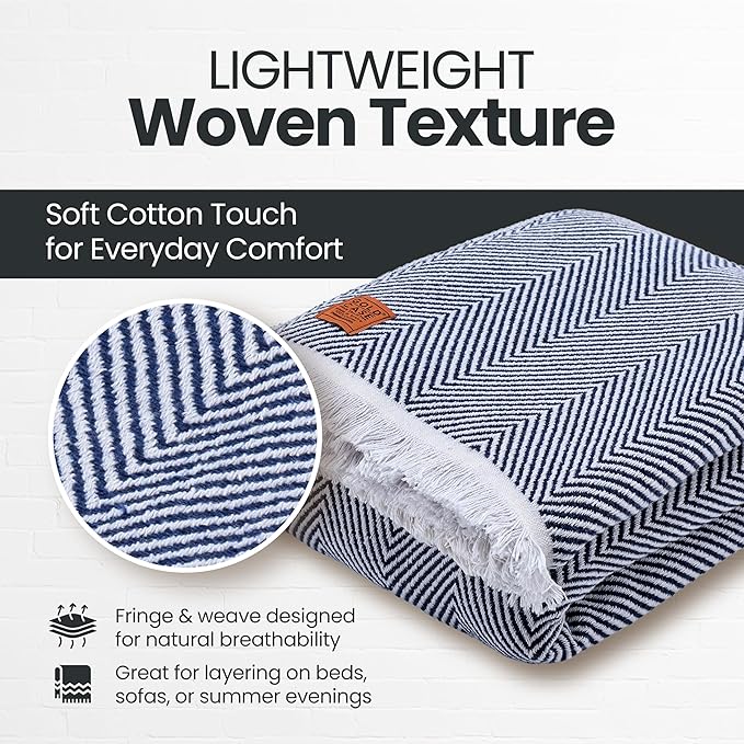 Gold Case Throw Blanket for Bed – 100% Recycled Turkish Cotton Bed Blanket – Decorative Throw Cotton Blankets for Living Room & Bedroom – Elegant Navy Blue Woven Queen Blankets – 90x90-HomvellaHome