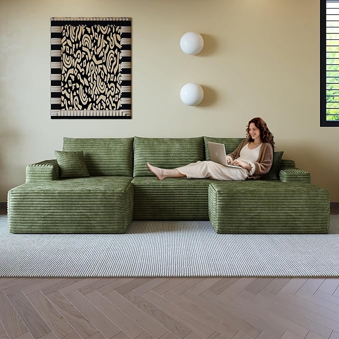 108" Sectional Couches for Living Room Modern Modular Sofa with L-Shape Couchs Upholstered Boneless Couch Deep Seat Sectional Couch with Chaise (Green, Left Facing Chaise+2Seaters+1Ottoman)-HomvellaHome