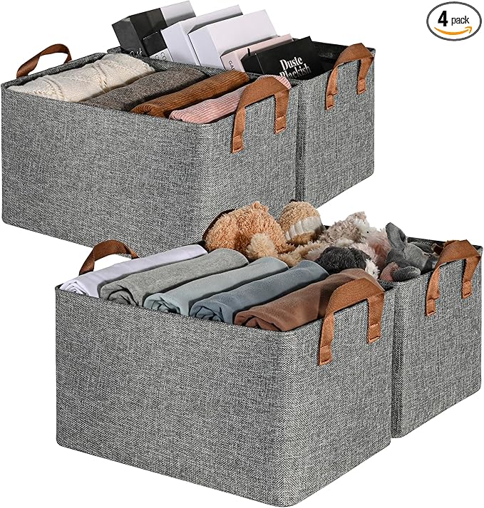 GRANNY SAYS Closet Storage Baskets, Collapsible Fabric Storage Bins with Metal Frame, Clothes Organizer Bins, Large Baskets for Shelves, Gray, 4-Pack-HomvellaHome